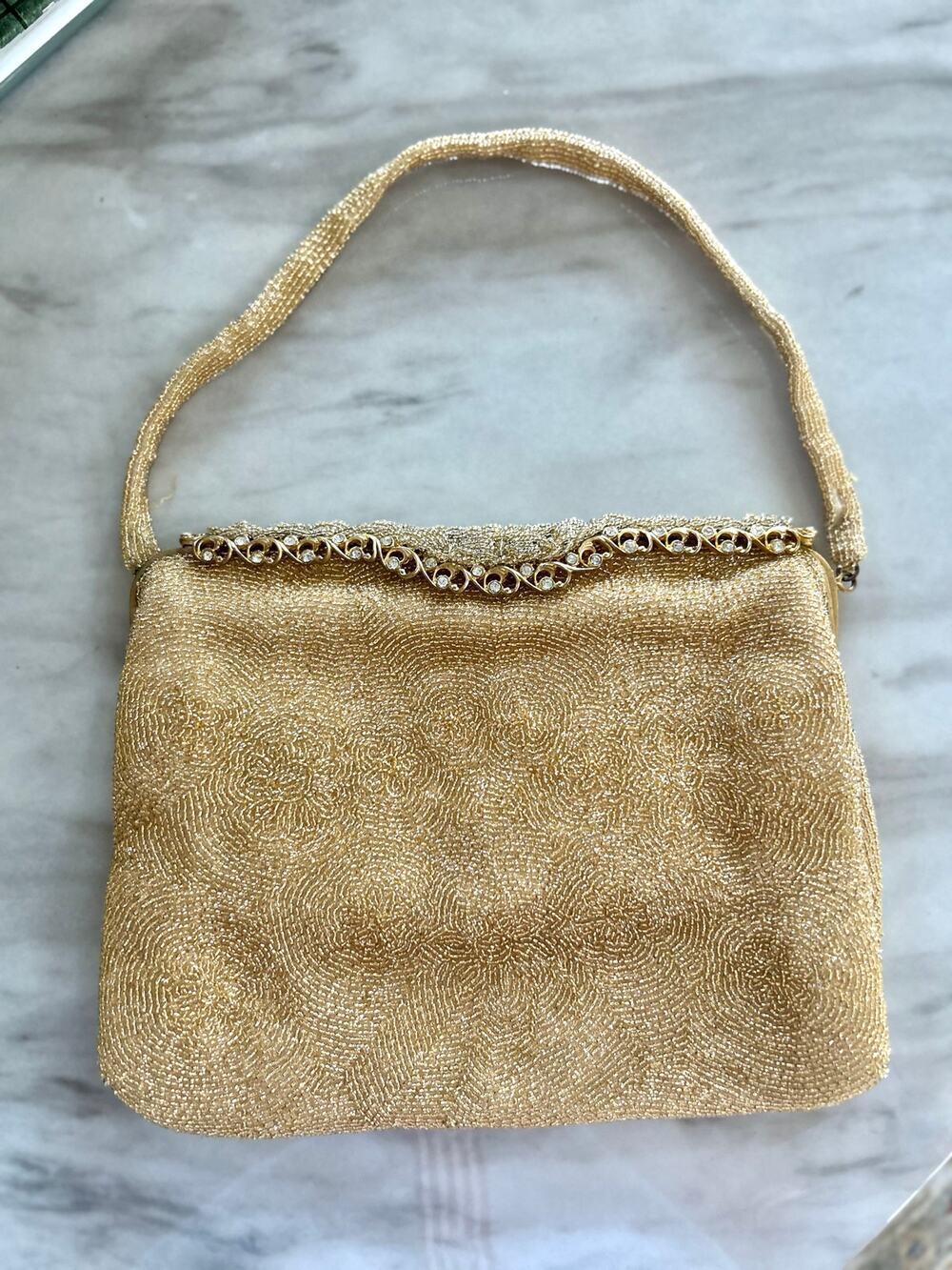 Le Goût du Jour Gold Beaded Swirl Rhinestone Filigree 50s Wrist Bag
